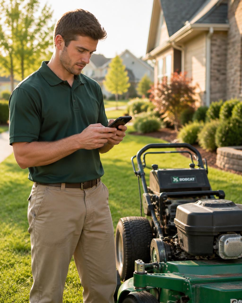 Lawn care operator checking today's jobs on his phone